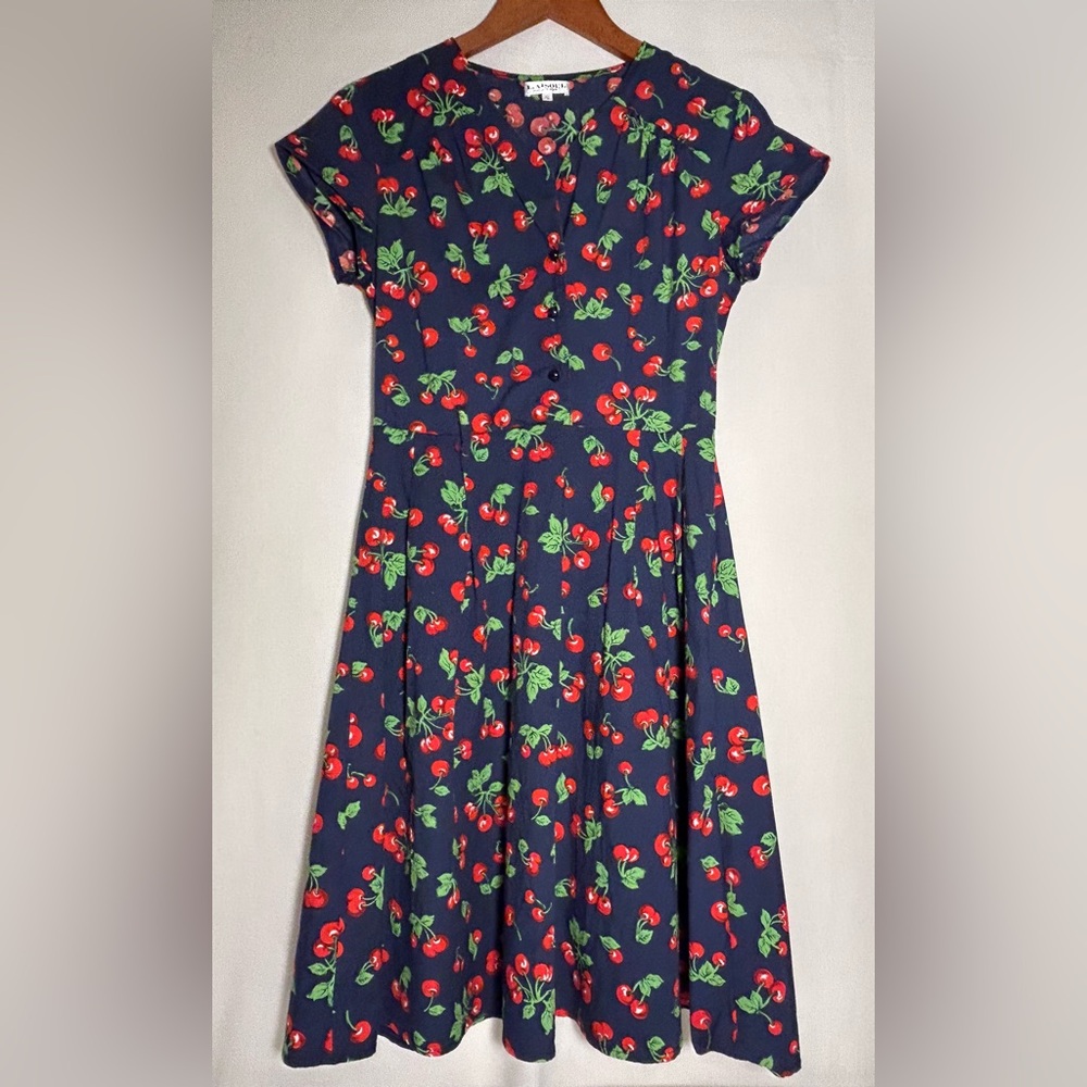 Boutique LA SOUL Retro Cherry Cherries Pattern Dress Women's Small Belt Loops